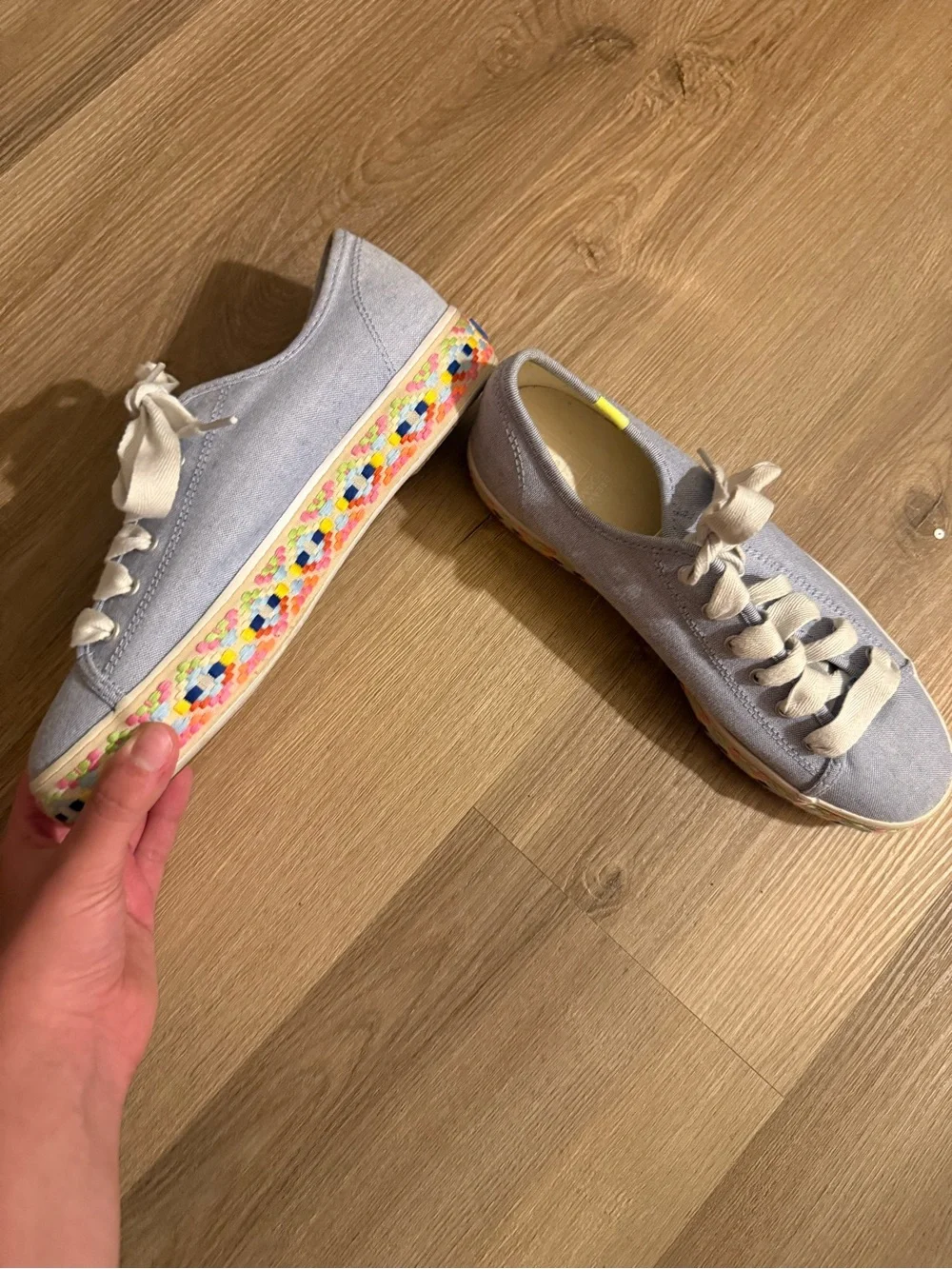 Keds Light Gray Canvas Low-Top Sneaker with Neon Yellow Accent